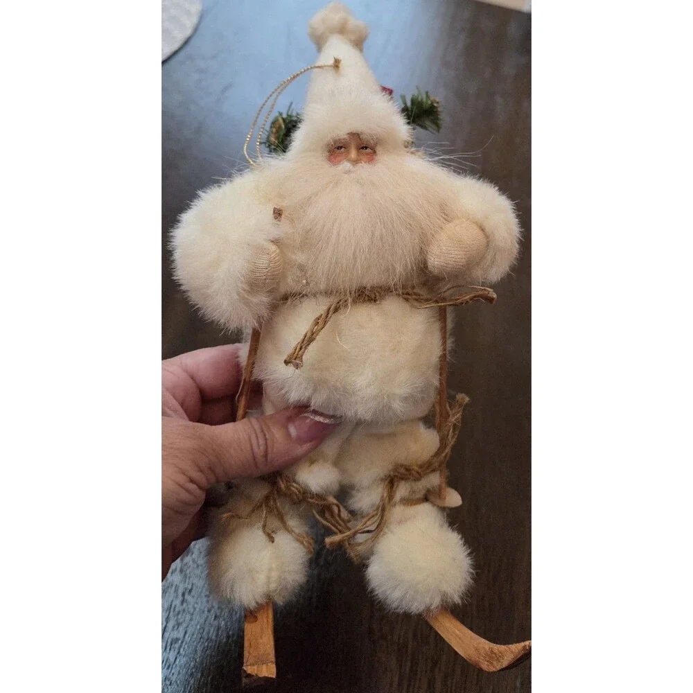 Vintage Santa skier skiing ornament for Xmas tree white father Xmas claws
